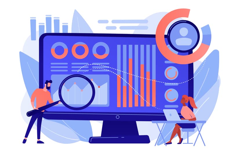 Vetor ícone desenho 3D nas cores azul, roxo e laranja coral de uma tela de computador com gráficos enquanto uma pessoa aponta uma lupa e outra pessoa observa sentado em uma cadeira