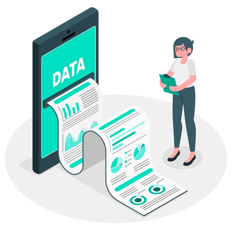 Vetor ícone desenho 3D nas cores verde e cinza de uma tela de celular escrito DATA com uma lista de papel contendo gráficos e tabelas sendo impressa enquanto uma pessoa observa com uma prancheta na mão