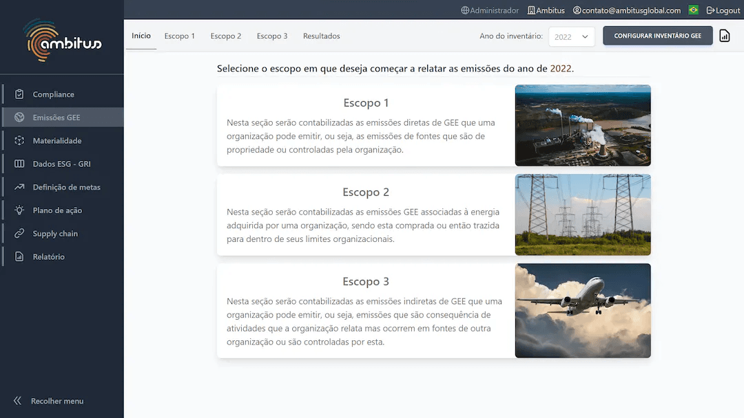 Interface do software de sustentabilidade Ambitus mostrando as principais etapas para elaboração do inventário de carbono emissões GEE GHG