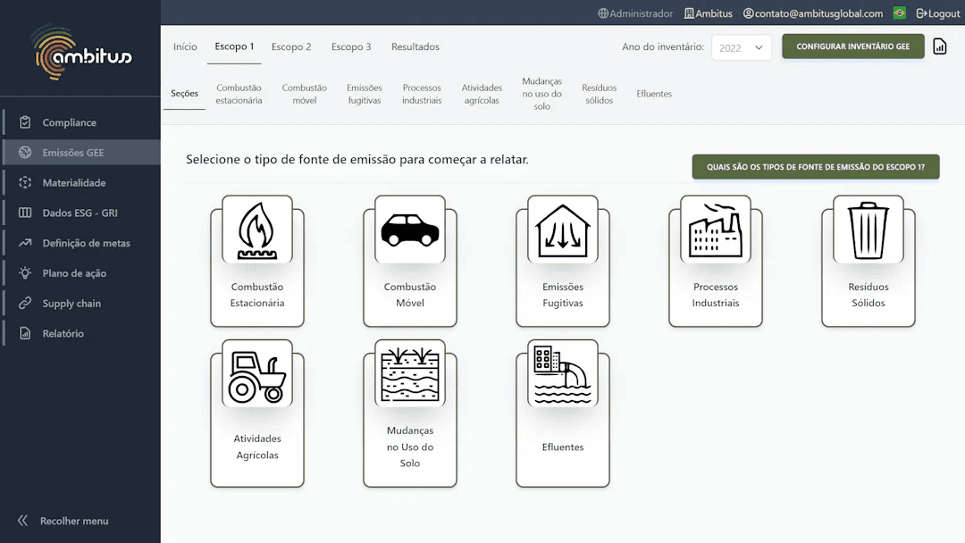 Interface do software de sustentabilidade Ambitus tipos de fontes de emissão combustão estacionária, combustão móvel, emissões fugitivas, processos industriais, resíduos sólidos, atividades agrícolas, mudanças no uso do solo, efluentes