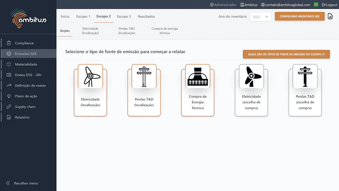 Interface do software de sustentabilidade Ambitus tipos de fontes de emissão eletricidade (localização), perdas T&D (localização), compra de energia térmica, eletricidade (escolha de compra), perdas T&D (escolha de compra)