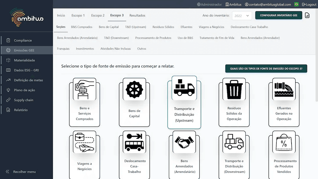 Interface do software de sustentabilidade Ambitus tipos de fontes de emissão B&S Comprados, Bens de Capital T&D (Upstream), Resíduos Sólidos, Bens Arrendados (Arrendatário), T&D (Downstream), Processamento de Produtos, Franquias, Investimentos, Atividades Não Inclusas, Efluentes, Uso de B&S, Viagens a Negócios, Deslocamento Casa-Trabalho, Tratamento de Fim de Vida, Bens Arrendados (Arrendador)
