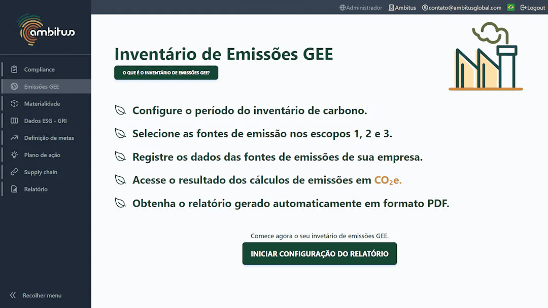 Interface do software de sustentabilidade Ambitus mostrando as principais etapas para elaboração do inventário de carbono emissões GEE GHG