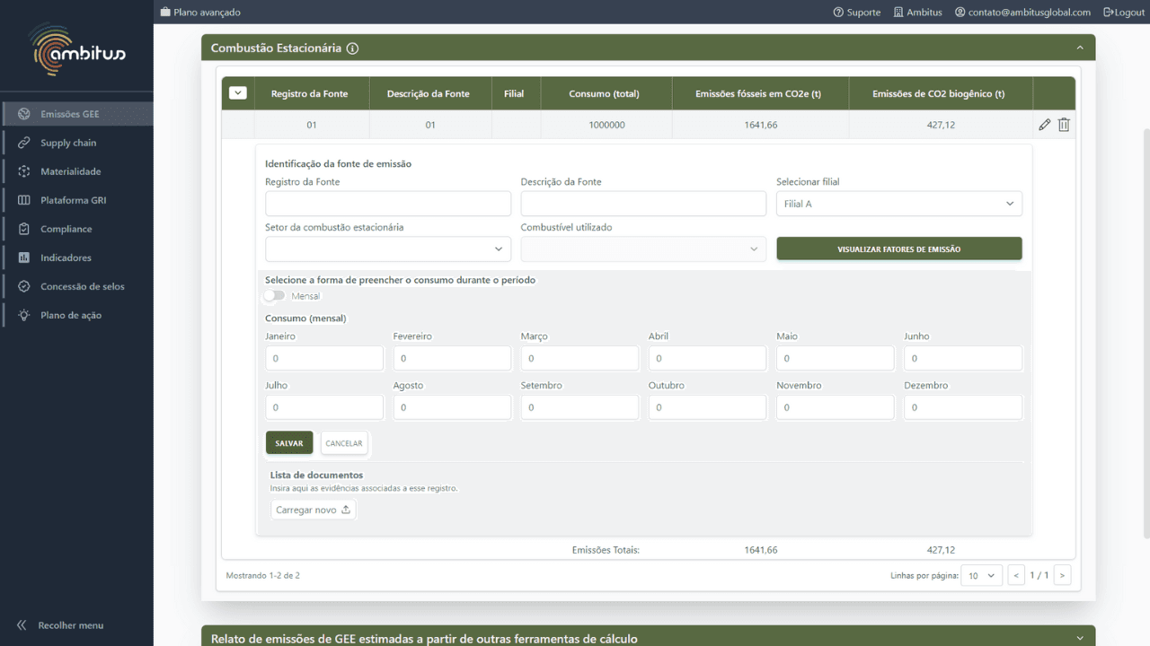 Interface do módulo de Emissões GEE do software de sustentabilidade Ambitus escopo 1, combustão estacionária, registro da fonte, descrição da fonte, filial, consumo (total)