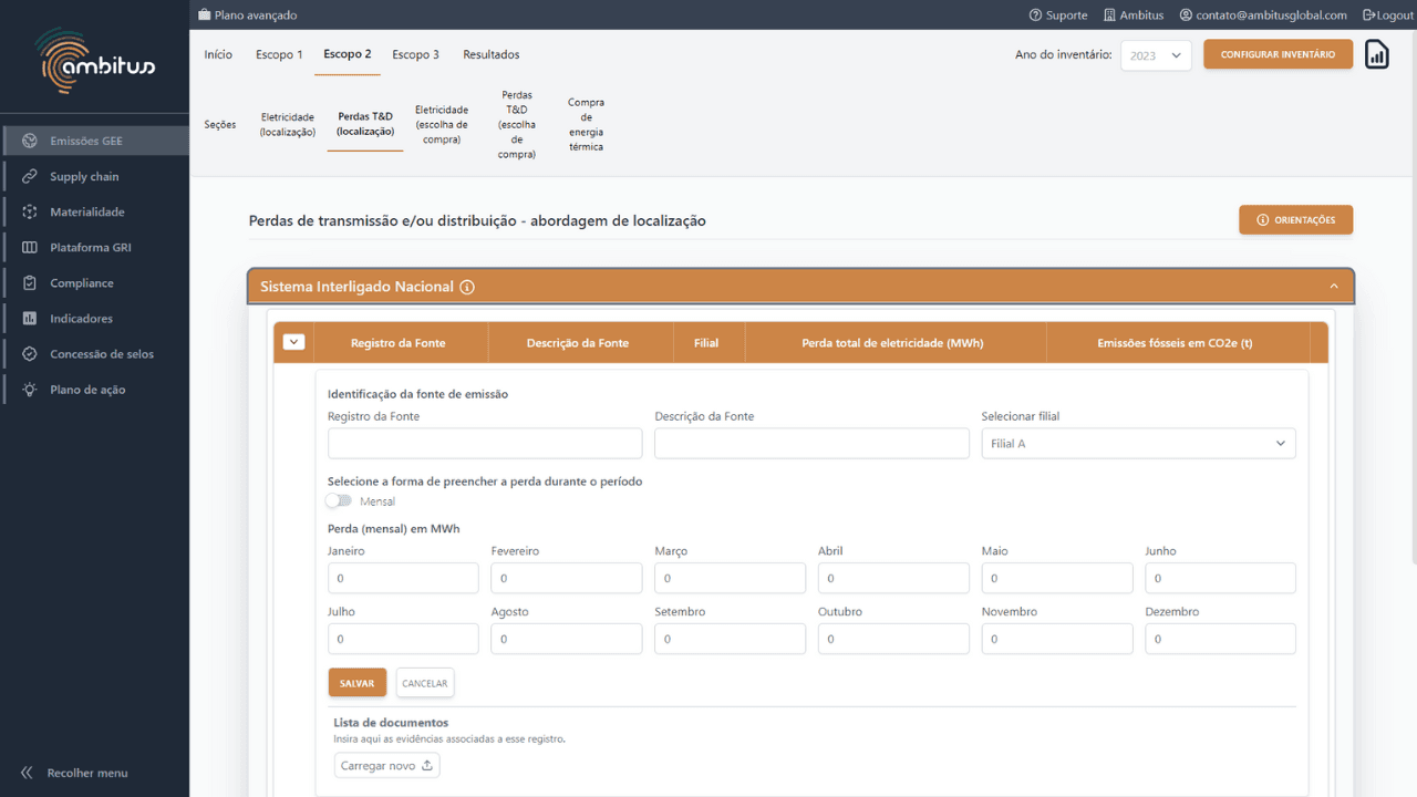 Interface do módulo de Emissões GEE do software de sustentabilidade Ambitus escopo 2 sistema interligado nacional, perdas T&Dv