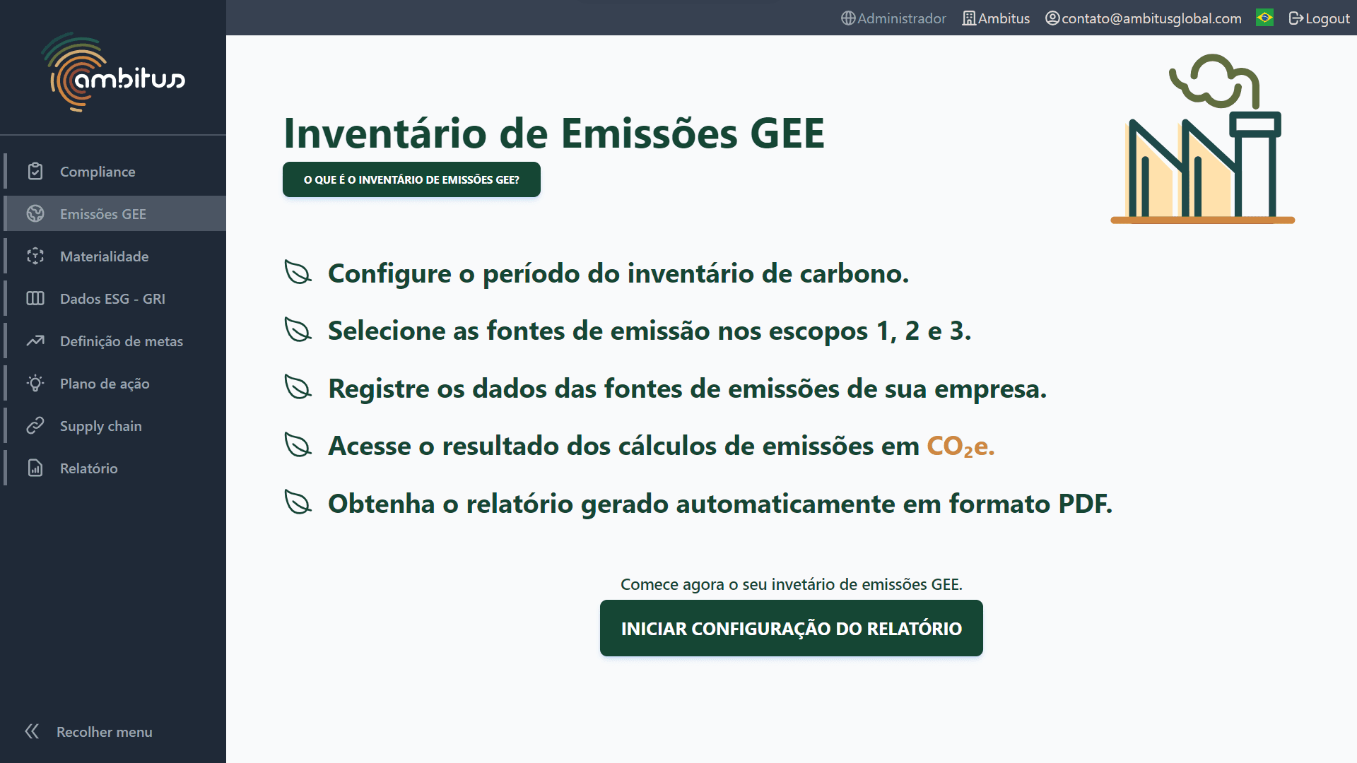Interface do software de sustentabilidade Ambitus com a explicação de como utilizar as normas GRI no módulo de dados ESG