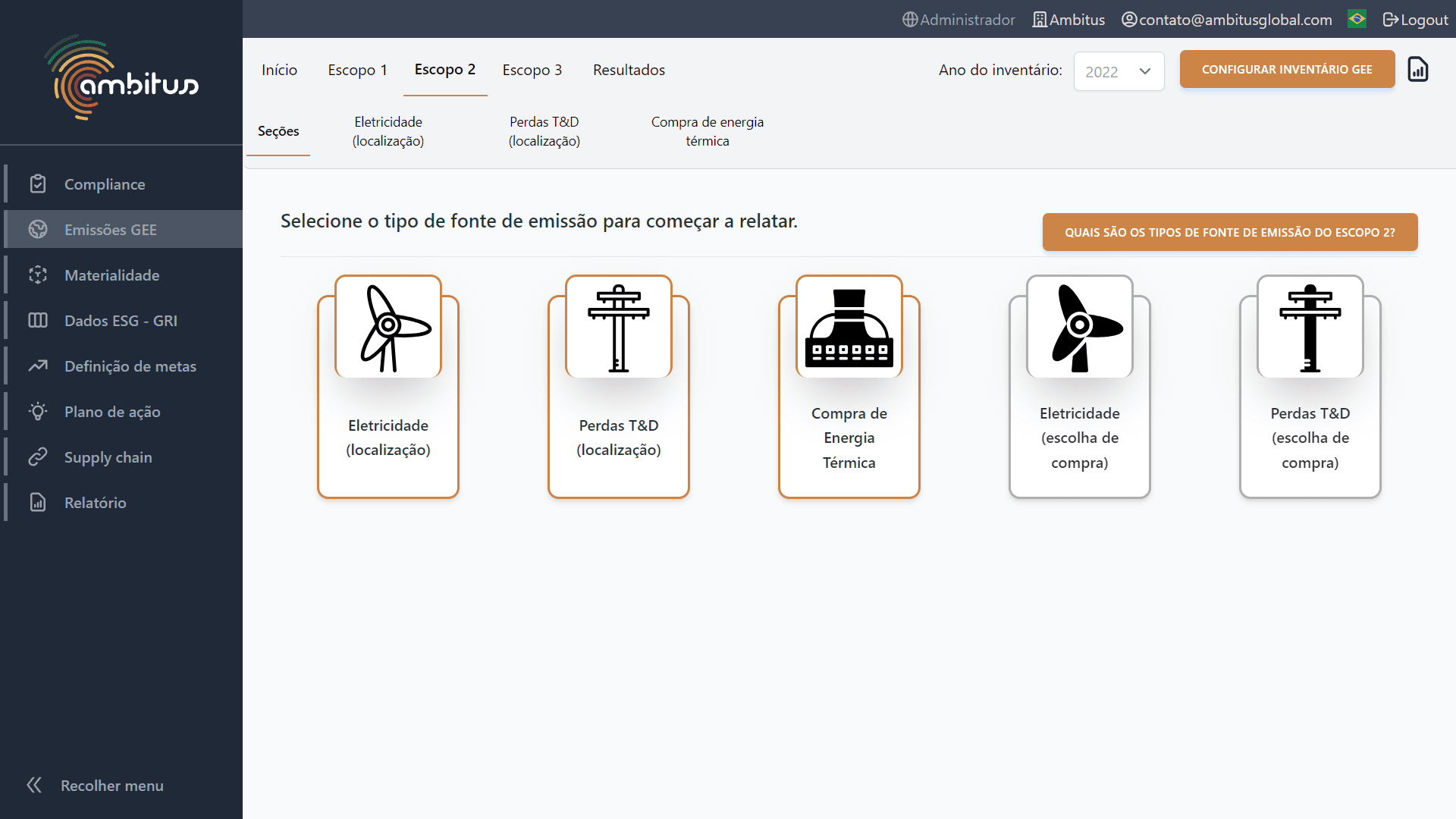 Interface do software de sustentabilidade Ambitus identificando os gráficos do módulo de emissões de GEE GHG