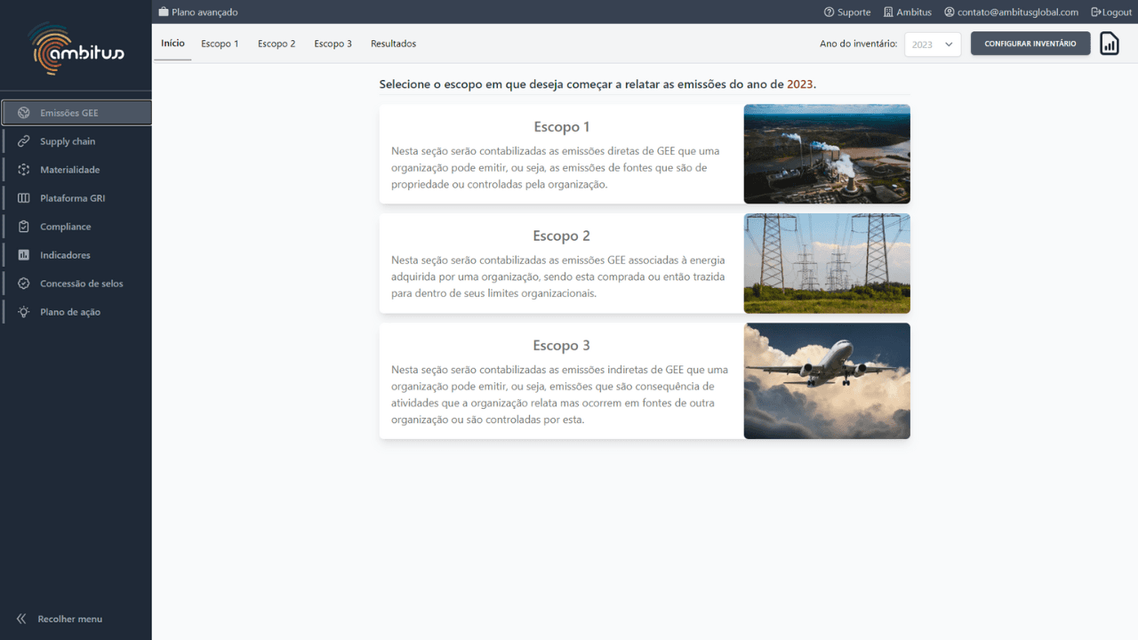 Interface do software de sustentabilidade Ambitus com a tela  inicial do módulo de emissões de GEE GHG identificando o Escopo 1, 2 e 3