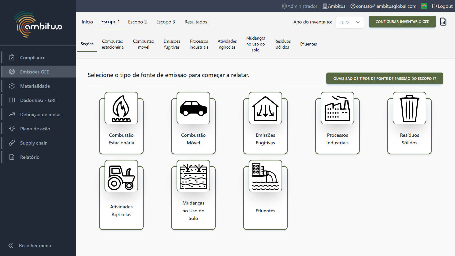 Interface do software de sustentabilidade Ambitus com a tela de resultados do módulo de emissões de GEE GHG