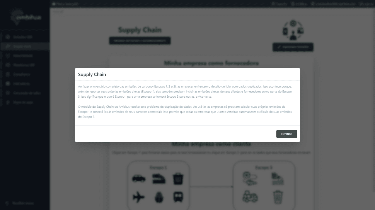 Interface informativa do módulo de supply chain do software de sustentabilidade Ambitus
