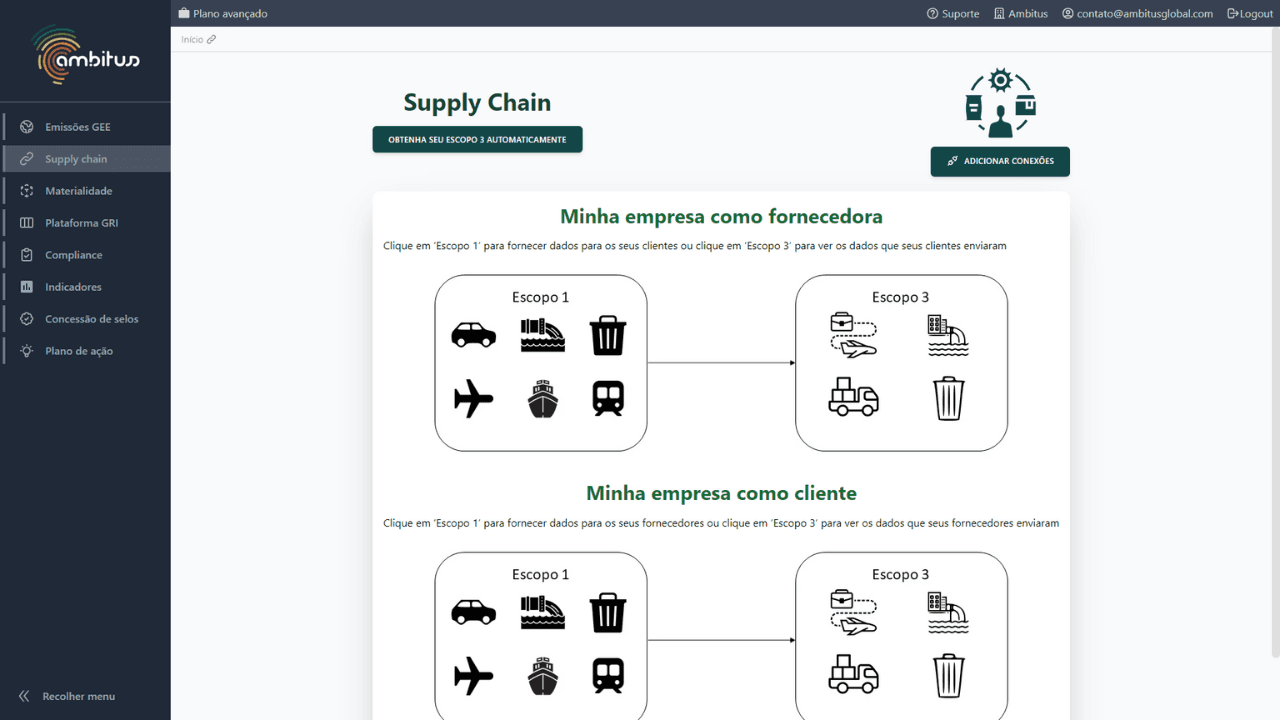 Interface inicial do módulo de supply chain do software de sustentabilidade Ambitus sua empresa como fornecedora ou cliente, escopo 1 e escopo 3